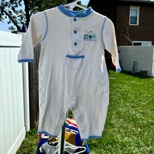 VTG Y2K HONORS BABY CREAM BLUE CHOO CHOO TRAIN ONE PIECE PAJAMAS SIZE 3/6 MONTHS